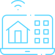 Domotique Maison : Contrôle à Distance Intelligent Icône bleue d'ordinateur affichant une maison avec signal wifi pour gestion de domotique intelligente.