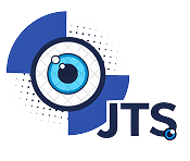 Logo JTS avec œil bleu stylisé, formes géométriques et trame de points pour surveillance et technologie.