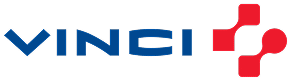 Logo Vinci : Identité visuelle du groupe de construction Logo VINCI en bleu avec un symbole graphique rouge composé de formes reliées sur fond blanc.