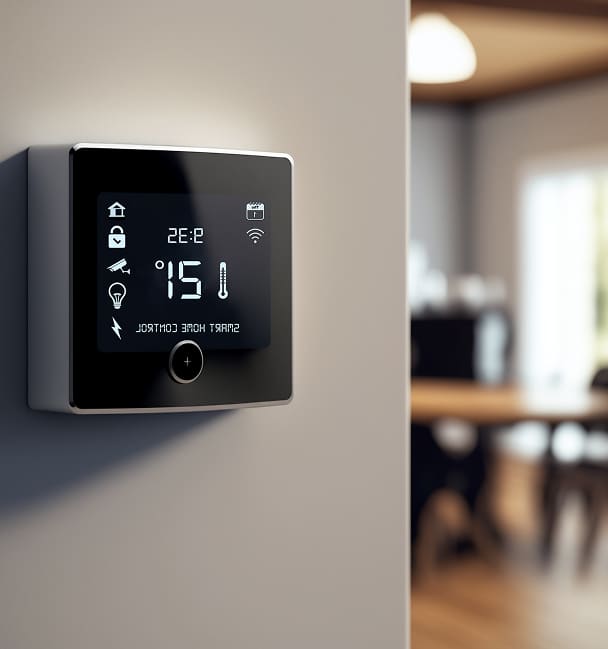 Thermostat Connecté et Contrôle Domotique Intelligent Écran tactile de domotique murale affichant Smart Home Control, température et icônes pour une maison connectée.